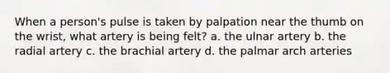 When a person's pulse is taken by palpation near the thumb on the wrist, what artery is being felt? a. the ulnar artery b. the radial artery c. the brachial artery d. the palmar arch arteries