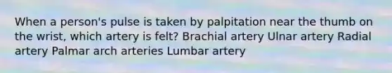 When a person's pulse is taken by palpitation near the thumb on the wrist, which artery is felt? Brachial artery Ulnar artery Radial artery Palmar arch arteries Lumbar artery