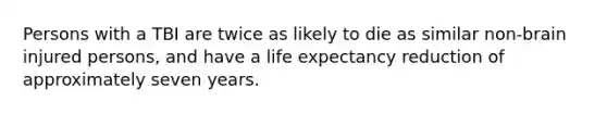 Persons with a TBI are twice as likely to die as similar non-brain injured persons, and have a life expectancy reduction of approximately seven years.