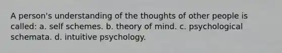 A person's understanding of the thoughts of other people is called: a. self schemes. b. theory of mind. c. psychological schemata. d. intuitive psychology.