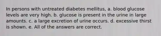 In persons with untreated diabetes mellitus, a. blood glucose levels are very high. b. glucose is present in the urine in large amounts. c. a large excretion of urine occurs. d. excessive thirst is shown. e. All of the answers are correct.