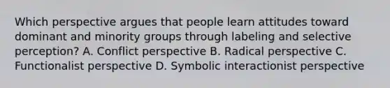 Which perspective argues that people learn attitudes toward dominant and minority groups through labeling and selective perception? A. Conflict perspective B. Radical perspective C. Functionalist perspective D. Symbolic interactionist perspective