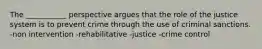 The ___________ perspective argues that the role of the justice system is to prevent crime through the use of criminal sanctions. -non intervention -rehabilitative -justice -crime control