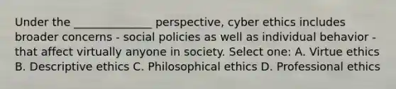 Under the ______________ perspective, cyber ethics includes broader concerns - social policies as well as individual behavior - that affect virtually anyone in society. Select one: A. Virtue ethics B. Descriptive ethics C. Philosophical ethics D. Professional ethics