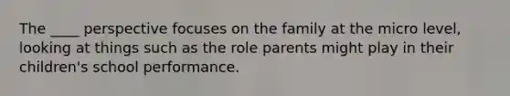 The ____ perspective focuses on the family at the micro level, looking at things such as the role parents might play in their children's school performance.