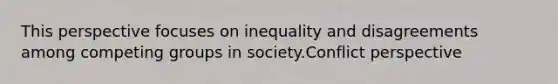 This perspective focuses on inequality and disagreements among competing groups in society.Conflict perspective