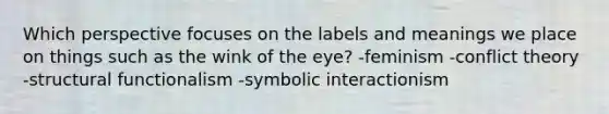 Which perspective focuses on the labels and meanings we place on things such as the wink of the eye? -feminism -<a href='https://www.questionai.com/knowledge/kOA7d8maET-conflict-theory' class='anchor-knowledge'>conflict theory</a> -structural functionalism -<a href='https://www.questionai.com/knowledge/k2uSVDUkLd-symbolic-interactionism' class='anchor-knowledge'>symbolic interactionism</a>