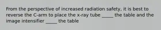 From the perspective of increased radiation safety, it is best to reverse the C-arm to place the x-ray tube _____ the table and the image intensifier _____ the table