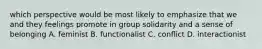 which perspective would be most likely to emphasize that we and they feelings promote in group solidarity and a sense of belonging A. feminist B. functionalist C. conflict D. interactionist