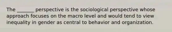 The _______ perspective is the sociological perspective whose approach focuses on the macro level and would tend to view inequality in gender as central to behavior and organization.