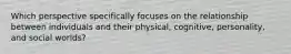 Which perspective specifically focuses on the relationship between individuals and their physical, cognitive, personality, and social worlds?