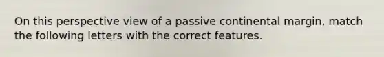 On this perspective view of a passive continental margin, match the following letters with the correct features.