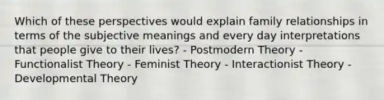 Which of these perspectives would explain family relationships in terms of the subjective meanings and every day interpretations that people give to their lives? - Postmodern Theory - Functionalist Theory - Feminist Theory - Interactionist Theory - Developmental Theory