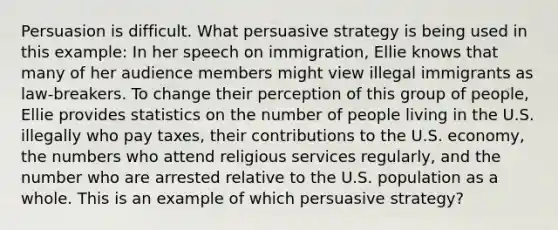 Persuasion is difficult. What persuasive strategy is being used in this example: In her speech on immigration, Ellie knows that many of her audience members might view illegal immigrants as law-breakers. To change their perception of this group of people, Ellie provides statistics on the number of people living in the U.S. illegally who pay taxes, their contributions to the U.S. economy, the numbers who attend religious services regularly, and the number who are arrested relative to the U.S. population as a whole. This is an example of which persuasive strategy?