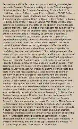 Persuasion and Proofs Use ethos, pathos, and logos strategies to persuade Develop Ethos w/ a variety of strats Describe 4 types of evidence Describe 3 types of reasoning Explain Toulmin's model as process Pathos, Logos, Ethos all lead to PROOF Pathos - Emotional appeal Logos - Evidence and Reasoning Ethos - Character and credibility. Heart -> Head -> Cred Pathos -> Logos -> Ethos all to PROOF Focus on LOGOS Von Miller ETHOS, proof originates in perceived character of the speaker Knowledgeable Good moral character Common sense Concern for audiences well being Likeable Mirror the characteristics idealized by the culture. Ethos is dynamic Initial Credibility to terminal credibility. S Credentials evidence organization appearance eye contact organization E Qualify claims no distortion acknowledge other causes and move on respect other views express concern O 'Pertaining to or characterized by energy or effective action' "impact made on listeners when they perceive a speaker as confident, decisive, and ethusiastic", "Immediacy-creation of a sense of togetherness between speaker and listener... A sense of interest and liking." Pathos (Emotions/Needs) Proof originates in Emotions raised in Audience Values that make up our social identity Changes attitudes Moves people to action Logos - Proof originates in claims supported by evidence and logic Facts and statistics Easy to reason w/ credibility Examples Bring facts and stats in sharper focus Narratives Takes listeners to scene of problem to become witnesses Testimony Show that others support your positions. What about Direct Quotations Rule of thumb Usually better to summarize Why? Lose connection with Audience Exception: Phrase is vivid and unique, Keep it short Evidence vs Source vs Database Evidence is information Source is where you find the information Database is a collection of sources-Usually periodicals Patterns of Reasoning 1) Deductive - Reason from principles 2) Inductive - Reason from examples 3) Analogic -Reasoning from parallel Logos: Patterns of Reason Deductive-Reason from principle Major Premise -> Minor Premise -> Conclusion General belief already accepted, often unstated Specific statement or claim related to major, often under dispute Natural result of what follows from major and minor premise Analogical Describe example similar to your problem or potential soln -> Emphasize strategic points of comparison -> Draw conclusion based on outcome of comparative case. Inductive -> Reason from reality bottom to the top. Describe ex in detail -> Extrapolate principles of example -> Conclusion