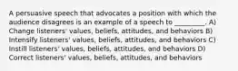 A persuasive speech that advocates a position with which the audience disagrees is an example of a speech to _________. A) Change listeners' values, beliefs, attitudes, and behaviors B) Intensify listeners' values, beliefs, attitudes, and behaviors C) Instill listeners' values, beliefs, attitudes, and behaviors D) Correct listeners' values, beliefs, attitudes, and behaviors