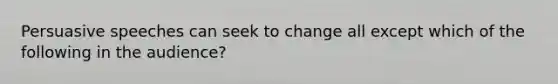 Persuasive speeches can seek to change all except which of the following in the audience?