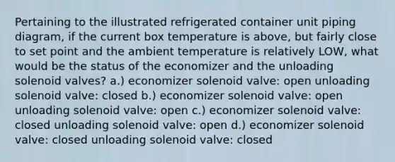 Pertaining to the illustrated refrigerated container unit piping diagram, if the current box temperature is above, but fairly close to set point and the ambient temperature is relatively LOW, what would be the status of the economizer and the unloading solenoid valves? a.) economizer solenoid valve: open unloading solenoid valve: closed b.) economizer solenoid valve: open unloading solenoid valve: open c.) economizer solenoid valve: closed unloading solenoid valve: open d.) economizer solenoid valve: closed unloading solenoid valve: closed