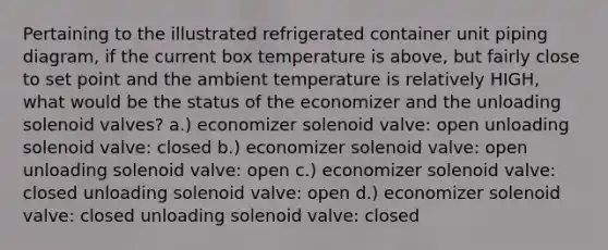 Pertaining to the illustrated refrigerated container unit piping diagram, if the current box temperature is above, but fairly close to set point and the ambient temperature is relatively HIGH, what would be the status of the economizer and the unloading solenoid valves? a.) economizer solenoid valve: open unloading solenoid valve: closed b.) economizer solenoid valve: open unloading solenoid valve: open c.) economizer solenoid valve: closed unloading solenoid valve: open d.) economizer solenoid valve: closed unloading solenoid valve: closed