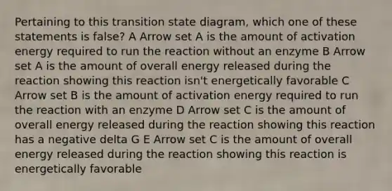 Pertaining to this transition state diagram, which one of these statements is false? A Arrow set A is the amount of activation energy required to run the reaction without an enzyme B Arrow set A is the amount of overall energy released during the reaction showing this reaction isn't energetically favorable C Arrow set B is the amount of activation energy required to run the reaction with an enzyme D Arrow set C is the amount of overall energy released during the reaction showing this reaction has a negative delta G E Arrow set C is the amount of overall energy released during the reaction showing this reaction is energetically favorable