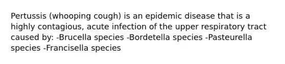 Pertussis (whooping cough) is an epidemic disease that is a highly contagious, acute infection of the upper respiratory tract caused by: -Brucella species -Bordetella species -Pasteurella species -Francisella species