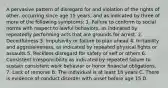 A pervasive pattern of disregard for and violation of the rights of other, occurring since age 15 years, and as indicated by three of more of the following symptoms: 1. Failure to conform to social norms with respect to lawful behaviors, as indicated by repeatedly performing acts that are grounds for arrest. 2. Deceitfulness 3. Impulsivity or failure to plan ahead 4. Irritability and aggressiveness, as indicated by repeated physical fights or assaults 5. Reckless disregard for safety of self or others 6. Consistent irresponsibility as indicated by repeated failure to sustain consistent work behavior or honor financial obligations. 7. Lack of remorse B. The individual is at least 18 years C. There is evidence of conduct disorder with onset before age 15 D.