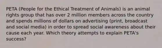 PETA (People for the Ethical Treatment of Animals) is an animal rights group that has over 2 million members across the country and spends millions of dollars on advertising (print, broadcast and social media) in order to spread social awareness about their cause each year. Which theory attempts to explain PETA's success?