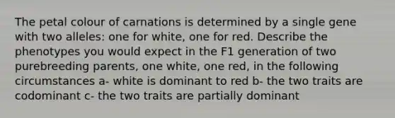 The petal colour of carnations is determined by a single gene with two alleles: one for white, one for red. Describe the phenotypes you would expect in the F1 generation of two purebreeding parents, one white, one red, in the following circumstances a- white is dominant to red b- the two traits are codominant c- the two traits are partially dominant