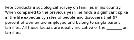 Pete conducts a sociological survey on families in his country. When compared to the previous year, he finds a significant spike in the life expectancy rates of people and discovers that 67 percent of women are employed and belong to single-parent families. All these factors are ideally indicative of the ________ on families.