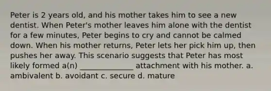 Peter is 2 years old, and his mother takes him to see a new dentist. When Peter's mother leaves him alone with the dentist for a few minutes, Peter begins to cry and cannot be calmed down. When his mother returns, Peter lets her pick him up, then pushes her away. This scenario suggests that Peter has most likely formed a(n) ______________ attachment with his mother. a. ambivalent b. avoidant c. secure d. mature