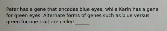 Peter has a gene that encodes blue eyes, while Karin has a gene for green eyes. Alternate forms of genes such as blue versus green for one trait are called ______