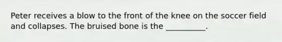 Peter receives a blow to the front of the knee on the soccer field and collapses. The bruised bone is the __________.