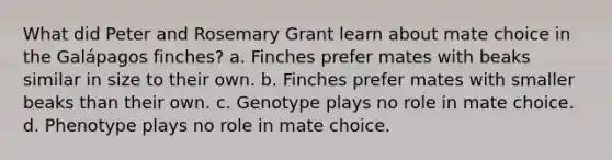 What did Peter and Rosemary Grant learn about mate choice in the Galápagos finches? a. Finches prefer mates with beaks similar in size to their own. b. Finches prefer mates with smaller beaks than their own. c. Genotype plays no role in mate choice. d. Phenotype plays no role in mate choice.