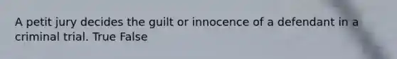 A petit jury decides the guilt or innocence of a defendant in a criminal trial. True False