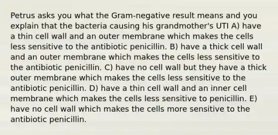 Petrus asks you what the Gram-negative result means and you explain that the bacteria causing his grandmother's UTI A) have a thin cell wall and an outer membrane which makes the cells less sensitive to the antibiotic penicillin. B) have a thick cell wall and an outer membrane which makes the cells less sensitive to the antibiotic penicillin. C) have no cell wall but they have a thick outer membrane which makes the cells less sensitive to the antibiotic penicillin. D) have a thin cell wall and an inner cell membrane which makes the cells less sensitive to penicillin. E) have no cell wall which makes the cells more sensitive to the antibiotic penicillin.