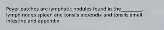 Peyer patches are lymphatic nodules found in the_________. lymph nodes spleen and tonsils appendix and tonsils small intestine and appendix