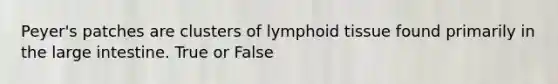 Peyer's patches are clusters of lymphoid tissue found primarily in the <a href='https://www.questionai.com/knowledge/kGQjby07OK-large-intestine' class='anchor-knowledge'>large intestine</a>. True or False