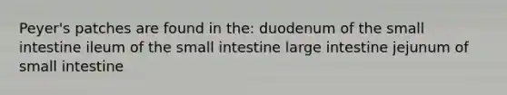 Peyer's patches are found in the: duodenum of the small intestine ileum of the small intestine large intestine jejunum of small intestine