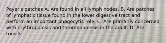 Peyer's patches A. Are found in all lymph nodes. B. Are patches of lymphatic tissue found in the lower digestive tract and perform an important phagocytic role. C. Are primarily concerned with erythropoiesis and thrombopoiesis in the adult. D. Are tonsils.