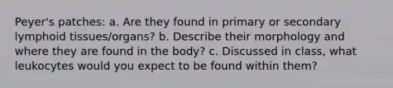 Peyer's patches: a. Are they found in primary or secondary lymphoid tissues/organs? b. Describe their morphology and where they are found in the body? c. Discussed in class, what leukocytes would you expect to be found within them?