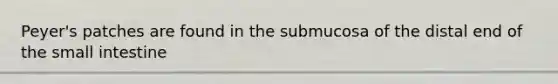 Peyer's patches are found in the submucosa of the distal end of <a href='https://www.questionai.com/knowledge/kt623fh5xn-the-small-intestine' class='anchor-knowledge'>the small intestine</a>