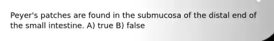 Peyer's patches are found in the submucosa of the distal end of the small intestine. A) true B) false