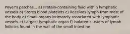 Peyer's patches... a) Protein-containing fluid within lymphatic vessels b) Stores blood platelets c) Receives lymph from most of the body d) Small organs intimately associated with lymphatic vessels e) Largest lymphatic organ f) Isolated clusters of lymph follicles found in the wall of the small intestine