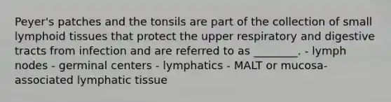 Peyer's patches and the tonsils are part of the collection of small lymphoid tissues that protect the upper respiratory and digestive tracts from infection and are referred to as ________. - lymph nodes - germinal centers - lymphatics - MALT or mucosa-associated lymphatic tissue