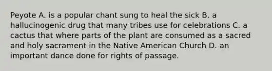 Peyote A. is a popular chant sung to heal the sick B. a hallucinogenic drug that many tribes use for celebrations C. a cactus that where parts of the plant are consumed as a sacred and holy sacrament in the Native American Church D. an important dance done for rights of passage.