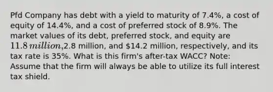 Pfd Company has debt with a yield to maturity of 7.4%​, a cost of equity of 14.4%​, and a cost of preferred stock of 8.9%. The market values of its​ debt, preferred​ stock, and equity are 11.8 ​million,2.8 ​million, and 14.2 ​million, respectively, and its tax rate is 35%. What is this​ firm's after-tax​ WACC? ​Note: Assume that the firm will always be able to utilize its full interest tax shield.