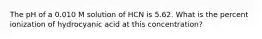 The pH of a 0.010 M solution of HCN is 5.62. What is the percent ionization of hydrocyanic acid at this concentration?