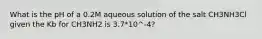 What is the pH of a 0.2M aqueous solution of the salt CH3NH3Cl given the Kb for CH3NH2 is 3.7*10^-4?