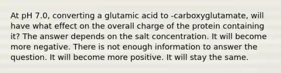 At pH 7.0, converting a glutamic acid to -carboxyglutamate, will have what effect on the overall charge of the protein containing it? The answer depends on the salt concentration. It will become more negative. There is not enough information to answer the question. It will become more positive. It will stay the same.