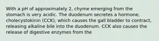 With a pH of approximately 2, chyme emerging from the stomach is very acidic. The duodenum secretes a hormone, cholecystokinin (CCK), which causes the gall bladder to contract, releasing alkaline bile into the duodenum. CCK also causes the release of digestive enzymes from the